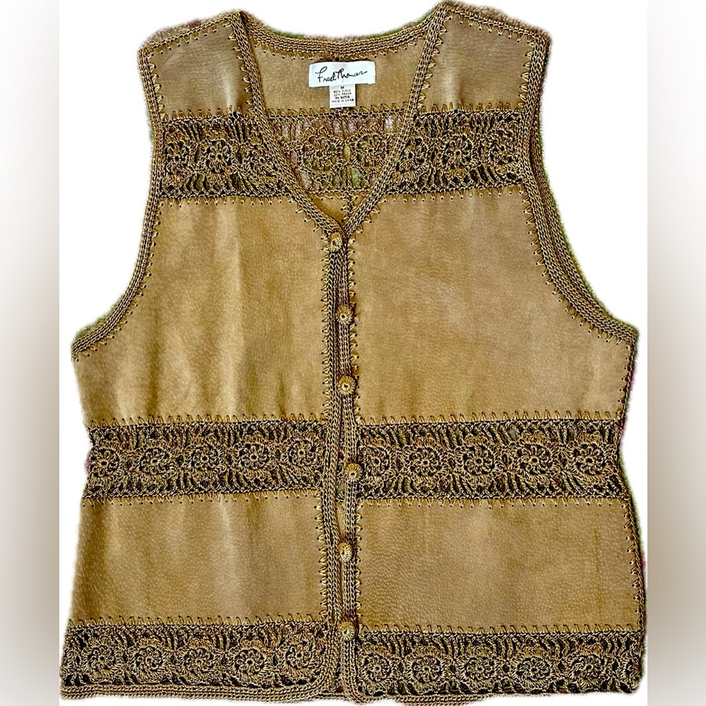 Vintage Fred Thomas Size Medium Suede Leather Crocheted Vest.